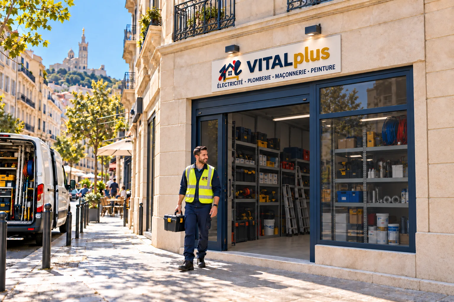 Façade VITALplus avec vitres fumées et enseigne électricité, plomberie, maçonnerie et peinture